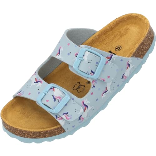 Palado Pantoletten Mädchen Kids Korfu G – coole Sandalen - bequeme Hausschuhe mit trendigen Farben - modische Sommerschuhe Hellblau Unicorn EU33 von Palado