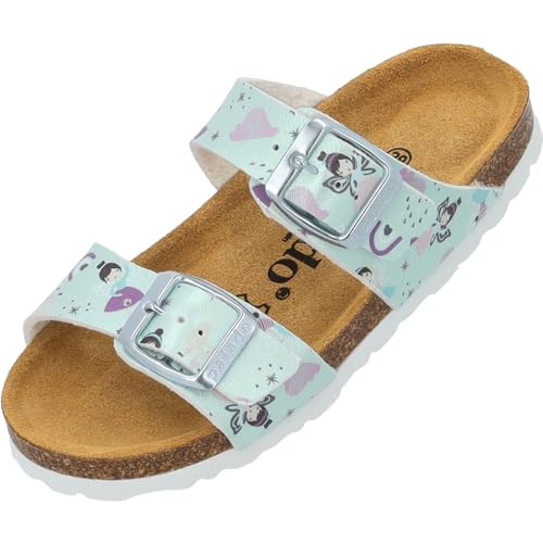 Palado Pantoletten Mädchen Kids Samos G Print – coole Sandalen Made in Spain - bequeme Hausschuhe mit trendigen Mustern - modische Sommerschuhe mit Kork-Fußbett Hellgrün Metallic Fairy EU35 von Palado