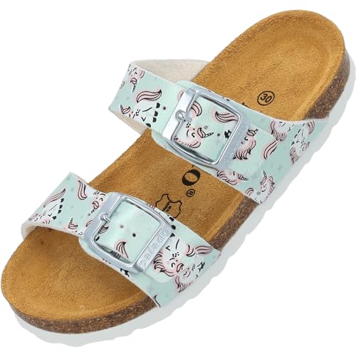 Palado Pantoletten Mädchen Kids Samos G Print – coole Sandalen Made in Spain - bequeme Hausschuhe mit trendigen Mustern - modische Sommerschuhe mit Kork-Fußbett Hellgrün Metallic Unicorn EU35 von Palado