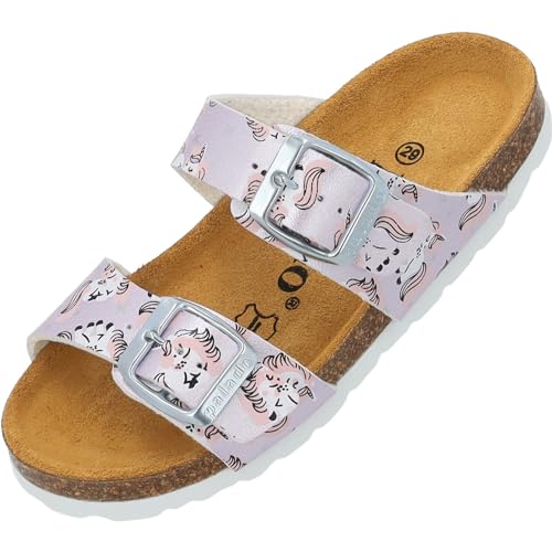 Palado Pantoletten Mädchen Kids Samos G Print – coole Sandalen Made in Spain - bequeme Hausschuhe mit trendigen Mustern - modische Sommerschuhe mit Kork-Fußbett Hellrosa Metallic Unicorn EU35 von Palado
