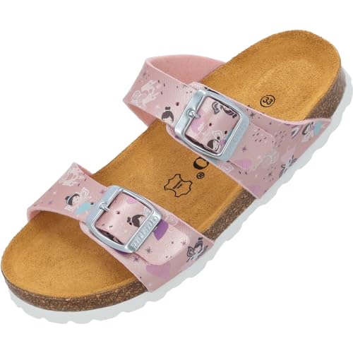 Palado Pantoletten Mädchen Kids Samos G Print – coole Sandalen Made in Spain - bequeme Hausschuhe mit trendigen Mustern - modische Sommerschuhe mit Kork-Fußbett Rosa Metallic Fairy EU35 von Palado