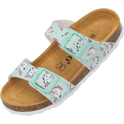 Palado Pantoletten Mädchen Kids Samos G Print – coole Sandalen Made in Spain - bequeme Hausschuhe mit trendigen Mustern - modische Sommerschuhe mit Kork-Fußbett Türkis EU35 von Palado