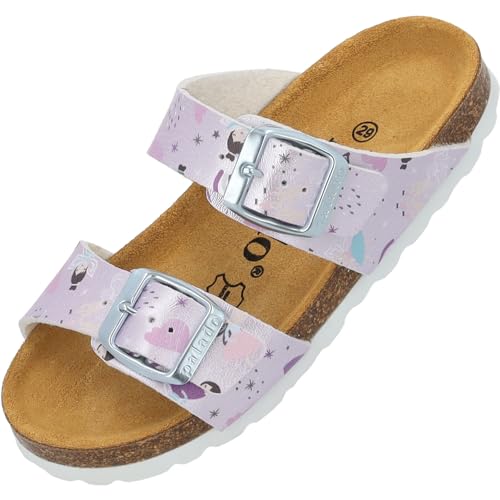 Palado Pantoletten Mädchen Kids Samos G Print – coole Sandalen Made in Spain - bequeme Hausschuhe mit trendigen Mustern - modische Sommerschuhe mit Kork-Fußbett hell lila Metallic Fairy EU29 von Palado