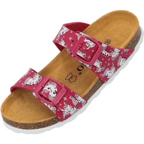 Palado Pantoletten Mädchen Kids Samos G Print – coole Sandalen Made in Spain - bequeme Hausschuhe mit trendigen Mustern - modische Sommerschuhe mit Kork-Fußbett rot Unicorn EU29 von Palado