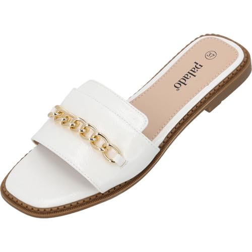 Palado Pantoletten Damen Pekiz - bequeme Sandalen - elegante Hausschuhe - modische Sommerschuhe mit Kettendetail Weiß UK3,5 - EU36 Palado Pantoletten Damen Pekiz - bequeme Sandalen - elegante Hausschuhe - modische Sommerschuhe mit Kettendetail Weiß UK3,5 - EU36 von Palado