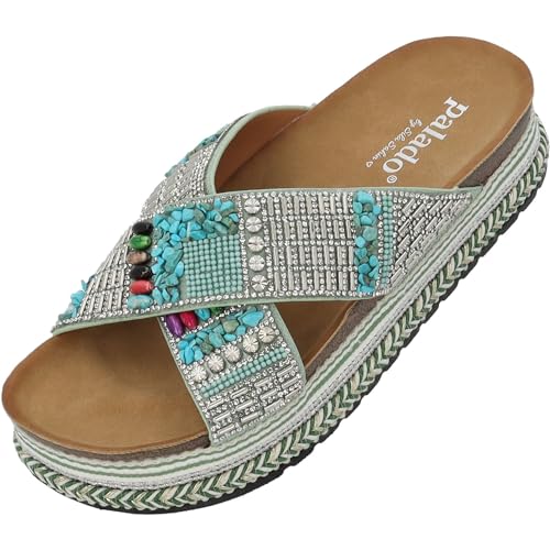 Palado Plateau-Pantoletten Damen Kegno by Sila Sahin – elegante Sandalen - bequeme Hausschuhe mit Plateau-Sohle - modische Sommerschuhe Grün UK3,5 - EU36 von Palado