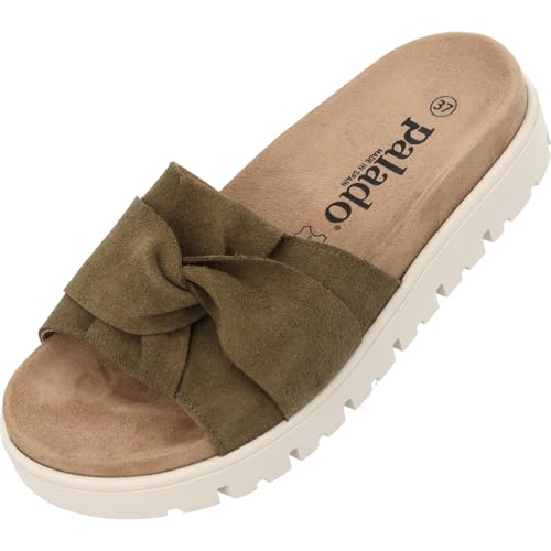 Palado Plateau-Pantoletten Damen Omayra - bequeme Sandalen Made in Spain - Hausschuhe mit Plateau-Sohle - modische Sommerschuhe Khaki UK5,5 - EU38 von Palado
