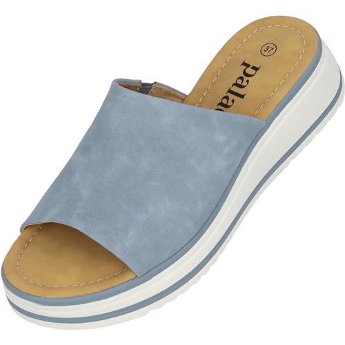 Palado Sandalen Damen Rhat – bequeme Hausschuhe mit Plateau-Sohle - modische Pantoletten - elegante Sommerschuhe Blau UK5,5 - EU38 von Palado