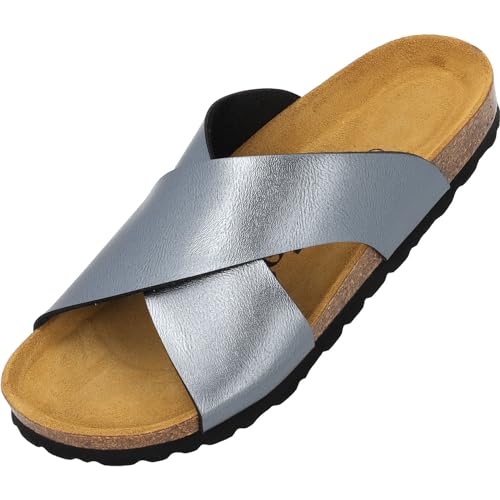 Palado Rianel Damen Pantoletten - Sandalen mit verstellbaren Riemen - Hausschuhe - Natur Kork-Fussbett - extra bequem mit Sohle aus Velourleder Anthrazit Metallic UK5,5 - EU38 von Palado