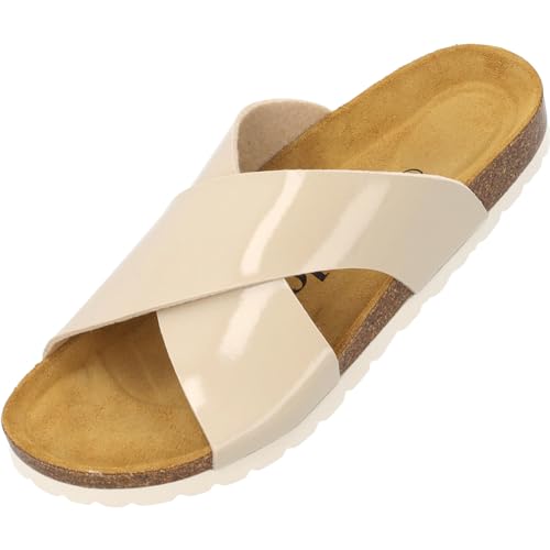 Palado Rianel Damen Pantoletten - Sandalen mit verstellbaren Riemen - Hausschuhe - Natur Kork-Fussbett - extra bequem mit Sohle aus Velourleder Beige Lack UK4,5 - EU37 von Palado