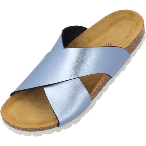 Palado Rianel Damen Pantoletten - Sandalen mit verstellbaren Riemen - Hausschuhe - Natur Kork-Fussbett - extra bequem mit Sohle aus Velourleder Blau Metallic UK6 - EU39 von Palado