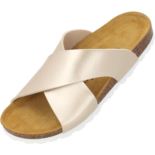 Palado Rianel Damen Pantoletten - Sandalen mit verstellbaren Riemen - Hausschuhe - Natur Kork-Fussbett - extra bequem mit Sohle aus Velourleder Gold Metallic UK3,5 - EU36 von Palado