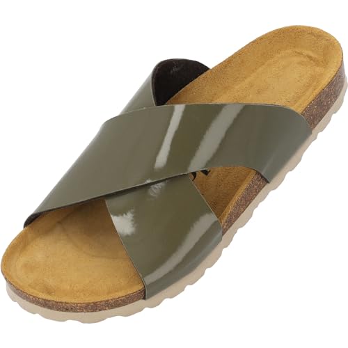 Palado Rianel Damen Pantoletten - Sandalen mit verstellbaren Riemen - Hausschuhe - Natur Kork-Fussbett - extra bequem mit Sohle aus Velourleder Khaki Lack UK6 - EU39 von Palado