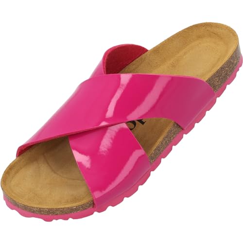 Palado Rianel Damen Pantoletten - Sandalen mit verstellbaren Riemen - Hausschuhe - Natur Kork-Fussbett - extra bequem mit Sohle aus Velourleder Pink Lack UK4,5 - EU37 von Palado