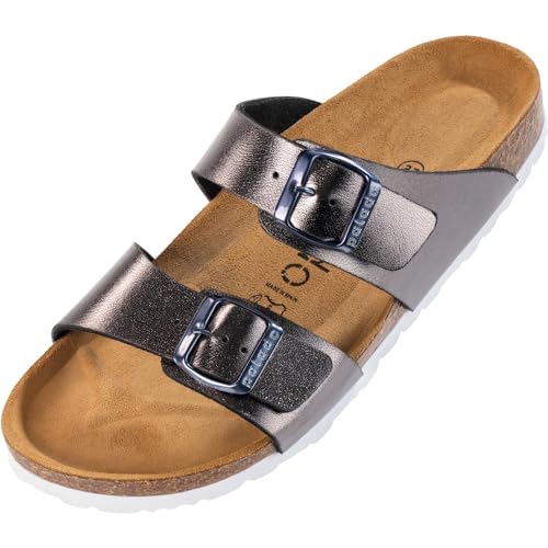 Palado Pantoletten Damen Samos - elegante Sandalen Made in Spain - bequeme Hausschuhe mit dämpfendem Kork-Fußbett - modische Sommerschuhe Metallic Anthrazit UK5,5 - EU38 von Palado