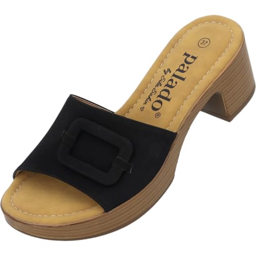 Palado Sandalen Damen Abrus by Sila Sahin – bequeme Hausschuhe mit Blockabsatz - modische Pantoletten - elegante Sommerschuhe Schwarz UK8 - EU41 von Palado