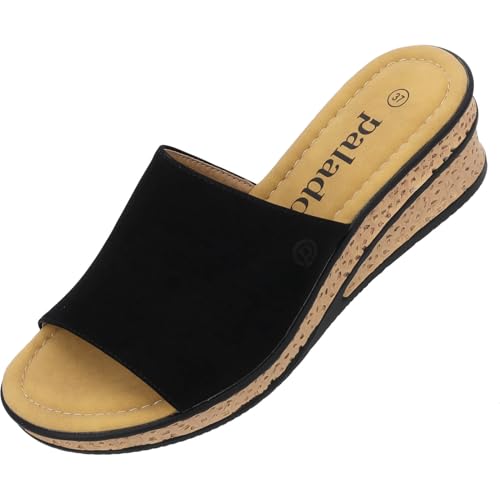 Palado Sandalen Damen Niserios – modische Pantoletten im schlichten Design - bequeme Sommerschuhe - elegante Hausschuhe mit Keilabsatz Schwarz UK3,5 - EU36 von Palado