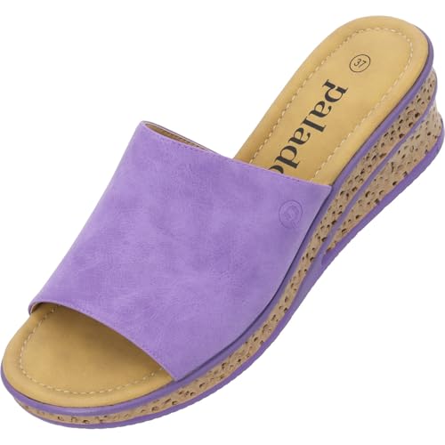 Palado Sandalen Damen Niserios – modische Pantoletten im schlichten Design - bequeme Sommerschuhe - elegante Hausschuhe mit Keilabsatz Violett UK5,5 - EU38 Palado Sandalen Damen Niserios – modische Pantoletten im schlichten Design - bequeme Sommerschuhe - elegante Hausschuhe mit Keilabsatz Violett UK5,5 - EU38 von Palado