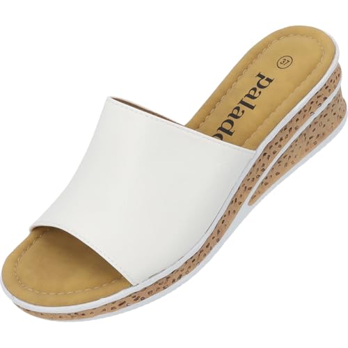 Palado Sandalen Damen Niserios – modische Pantoletten im schlichten Design - bequeme Sommerschuhe - elegante Hausschuhe mit Keilabsatz Weiß UK5,5 - EU38 von Palado