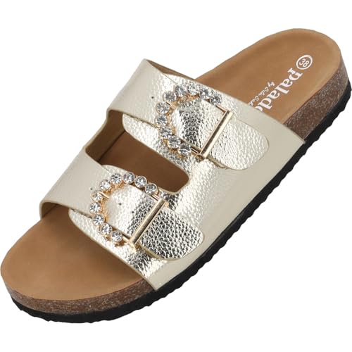 Palado Sandalen Damen Obestos by Sila Sahin - modische Pantoletten mit Glitzerschnallen - elegante Hausschuhe - bequeme Sommerschuhe Gold Metallic UK8 - EU41 von Palado