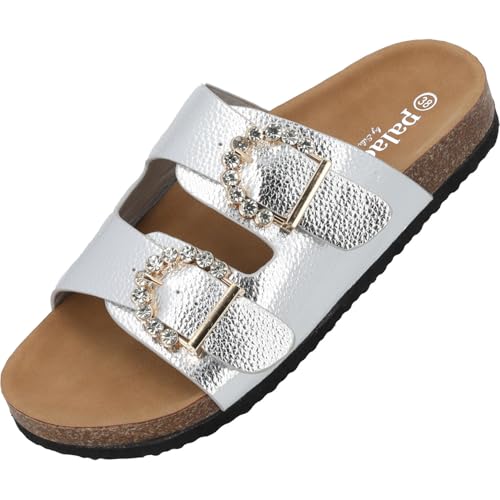 Palado Sandalen Damen Obestos by Sila Sahin - modische Pantoletten mit Glitzerschnallen - elegante Hausschuhe - bequeme Sommerschuhe Silber Metallic UK8 - EU41 von Palado