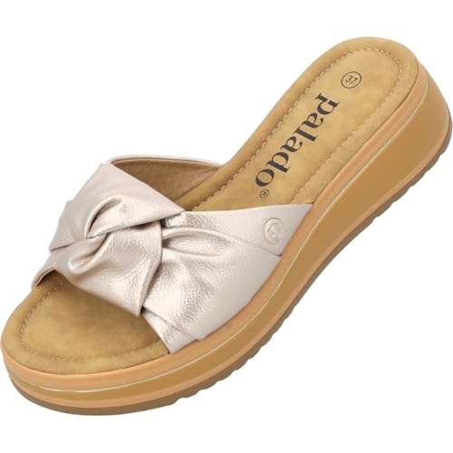 Palado Sandalen Damen Theryx – elegante Pantoletten - bequeme Hausschuhe - modische Sommerschuhe Gold UK5,5 - EU38 von Palado