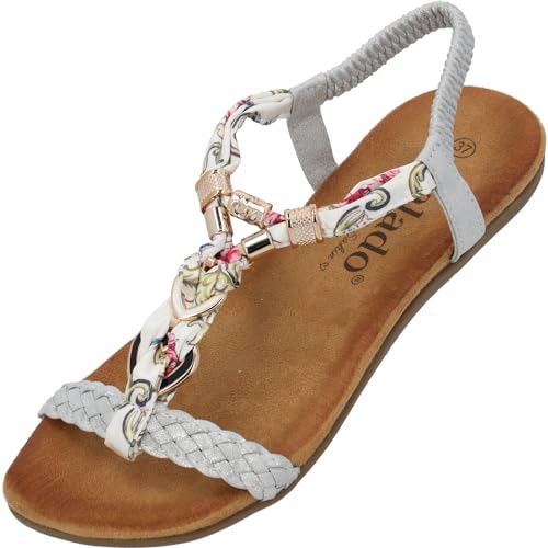 Palado Sandalen Damen Ubah by Sila Sahin - modische Sandaletten - bequeme Sommerschuhe - stilvolle Pantoletten mit elastischem Riemen Silber UK7 - EU40 von Palado