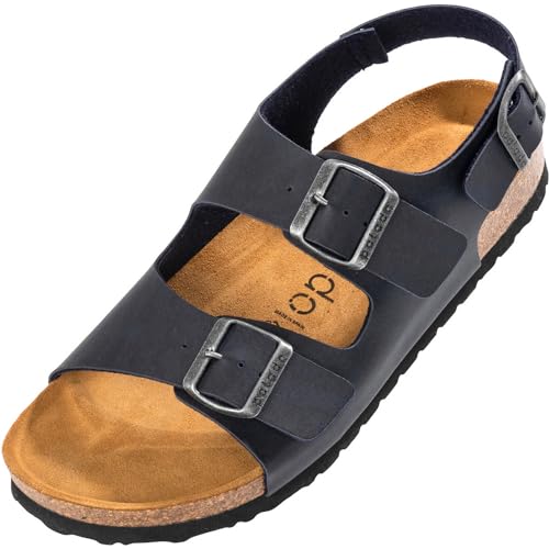 Palado Sandalen Herren Napoli - bequeme Schuhe mit 3 verstellbaren Riemen - Männer Sandaletten mit Natur Kork-Fussbett und Leder-Laufsohle Dunkelblau UK9 - EU42 von Palado