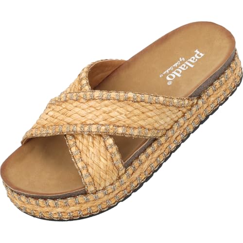 Palado Sandaletten Damen Konnon by Sila Sahin - modische Pantoletten mit Plateau-Sohle - elegante Hausschuhe - bequeme Sommerschuhe Camel UK6 - EU39 von Palado