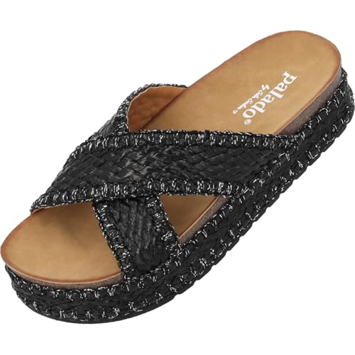 Palado Sandaletten Damen Konnon by Sila Sahin - modische Pantoletten mit Plateau-Sohle - elegante Hausschuhe - bequeme Sommerschuhe Schwarz UK9 - EU42 von Palado