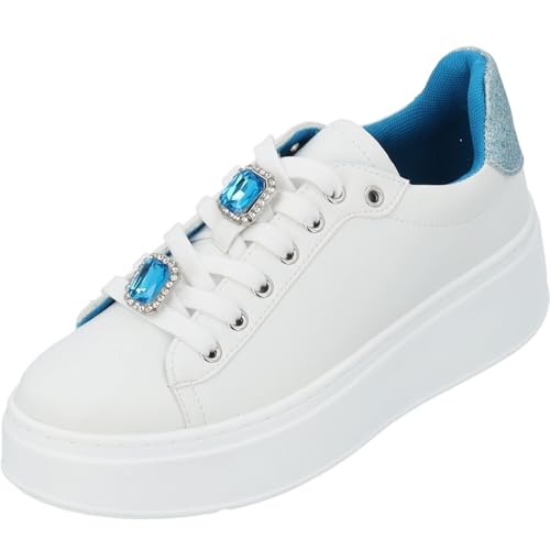 Palado Sneaker Damen Yellar by Sila Sahin - Elegante Turnschuhe mit Schmuckapplikationen - Plateau-Sohle - modisch und bequem Weiß/Blau UK7 - EU40 von Palado