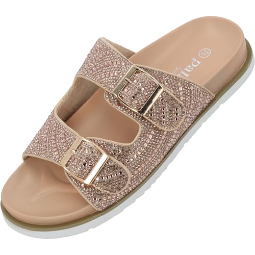 Palado Tegma by Sila Sahin Damen Mules - modische Plateau Pantoletten - elegante Hausschuhe für Frauen mit Absatz - Sommerschuhe mit Strasssteinen Rosegold UK6 - EU39 von Palado