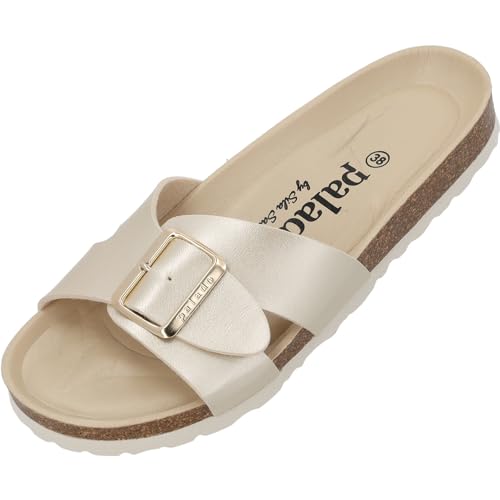 Palado Tinos Begs by Sila Sahin Damen Pantoletten - modische Sandalen mit Natur Kork-Fussbett Bequeme Schuhe mit Sohle aus feinstem Velourleder Gold Metallic UK5,5 - EU38 von Palado