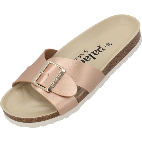 Palado Tinos Begs by Sila Sahin Damen Pantoletten - modische Sandalen mit Natur Kork-Fussbett Bequeme Schuhe mit Sohle aus feinstem Velourleder Kupfer Metallic UK8 - EU41 von Palado