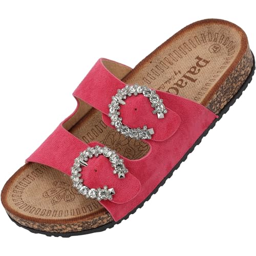 Palado Utri by Sila Sahin Damen Pantoletten - Sandalen mit C Schanlle - Hausschuhe mit Natur Kork-Fussbett - bequeme Schuhe mit Sohle aus feinstem Velourleder Fuchsia UK5,5 - EU38 von Palado