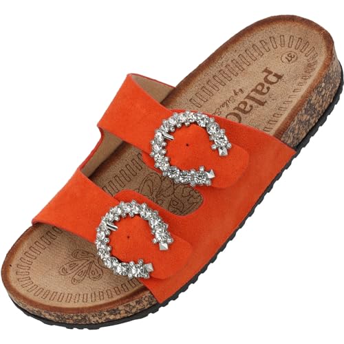 Palado Utri by Sila Sahin Damen Pantoletten - Sandalen mit C Schanlle - Hausschuhe mit Natur Kork-Fussbett - bequeme Schuhe mit Sohle aus feinstem Velourleder Orange UK4,5 - EU37 von Palado