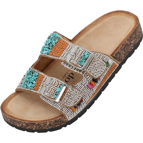 Palado Viha by Sila Sahin Damen Pantoletten Mules - Plateau mit Glitzern - Elegante Hausschuhe für Frauen mit Absatz - modische Sommerschuhe Camel Strass UK7 - EU40 von Palado