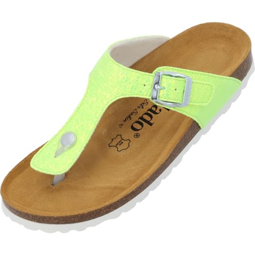 Palado Zehentrenner Damen Kos Disco by Sila Sahin - gefertigt in Spanien - schimmerndes Obermaterial - Veloursleder-Decksohle - Weichfußbett - EVA-Sohle Neongelb UK6 - EU39 von Palado