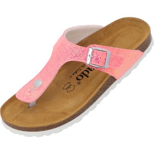 Palado Zehentrenner Damen Kos Disco by Sila Sahin - gefertigt in Spanien - schimmerndes Obermaterial - Veloursleder-Decksohle - Weichfußbett - EVA-Sohle Neonpink UK6 - EU39 von Palado