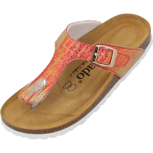 Palado Zehentrenner Damen Kos Disco by Sila Sahin - gefertigt in Spanien - schimmerndes Obermaterial - Veloursleder-Decksohle - Weichfußbett - EVA-Sohle Rot UK9 - EU42 von Palado