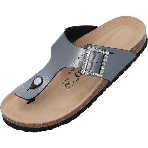 Palado Zehentrenner Damen Kos SQ by Sila Sahin – gefertigt in Spanien – edle Glitzerschnalle – weiches Veloursleder-Fußbett – glamouröser Look Anthrazit Metallic UK9 - EU42 von Palado