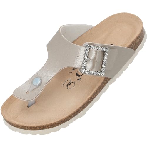 Palado Zehentrenner Damen Kos SQ by Sila Sahin – gefertigt in Spanien – edle Glitzerschnalle – weiches Veloursleder-Fußbett – glamouröser Look Grau Metallic UK5,5 - EU38 von Palado