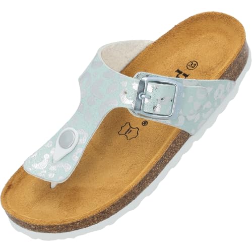 Palado Zehentrenner Mädchen Kids Kos G Leo – coole Sandalen Made in Spain - bequeme Hausschuhe mit Leo-Muster - modische Sommerschuhe mit Kork-Fußbett Türkis/Weiß EU32 von Palado