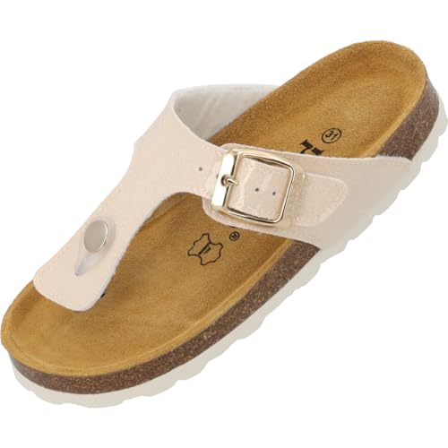 Palado Zehentrenner Mädchen Kids Kos G Sparkle – coole Sandalen Made in Spain - bequeme Hausschuhe mit schimmernden Farben - modische Sommerschuhe mit Kork-Fußbett Beige EU35 von Palado