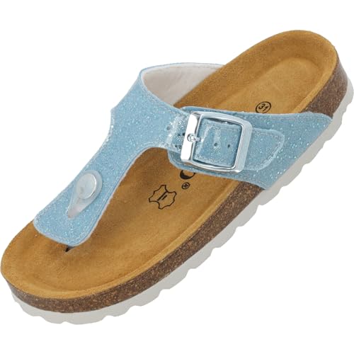 Palado Zehentrenner Mädchen Kids Kos G Sparkle – coole Sandalen Made in Spain - bequeme Hausschuhe mit schimmernden Farben - modische Sommerschuhe mit Kork-Fußbett Blau EU38 von Palado