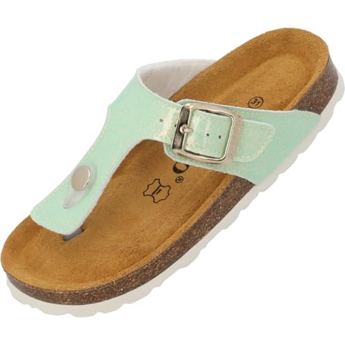 Palado Zehentrenner Mädchen Kids Kos G Sparkle – coole Sandalen Made in Spain - bequeme Hausschuhe mit schimmernden Farben - modische Sommerschuhe mit Kork-Fußbett Hellgrün EU39 von Palado