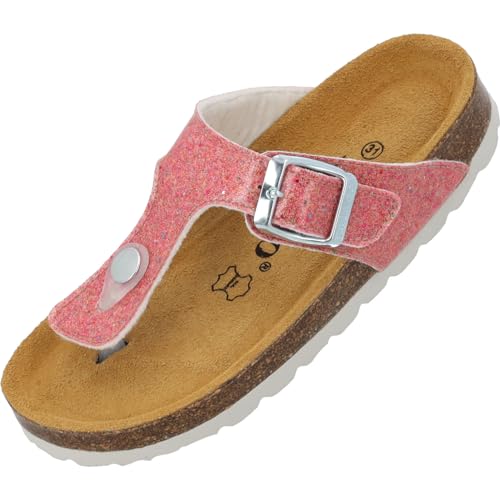 Palado Zehentrenner Mädchen Kids Kos G Sparkle – coole Sandalen Made in Spain - bequeme Hausschuhe mit schimmernden Farben - modische Sommerschuhe mit Kork-Fußbett Rot EU35 von Palado