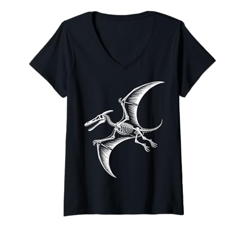 Damen Pterosaurier Skelett Fossil Flying Reptile T-Shirt mit V-Ausschnitt von Paleontology Apparel