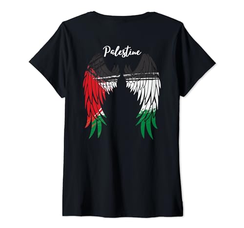 Damen Palestine Flag Dad On Back Side Palestinian Angel Kids Wings T-Shirt mit V-Ausschnitt von Palestine Store