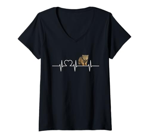 Damen Pallaskatzen Manul Herzschlag Pallaskatze T-Shirt mit V-Ausschnitt von Pallaskatzen Manul Pallaskatze Tier Shop